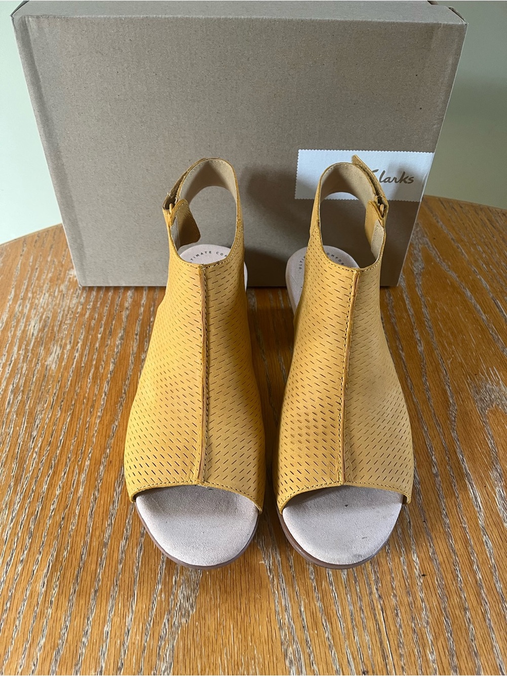 Clarks Yellow Open-Toe Perforated Block Heel Sandals